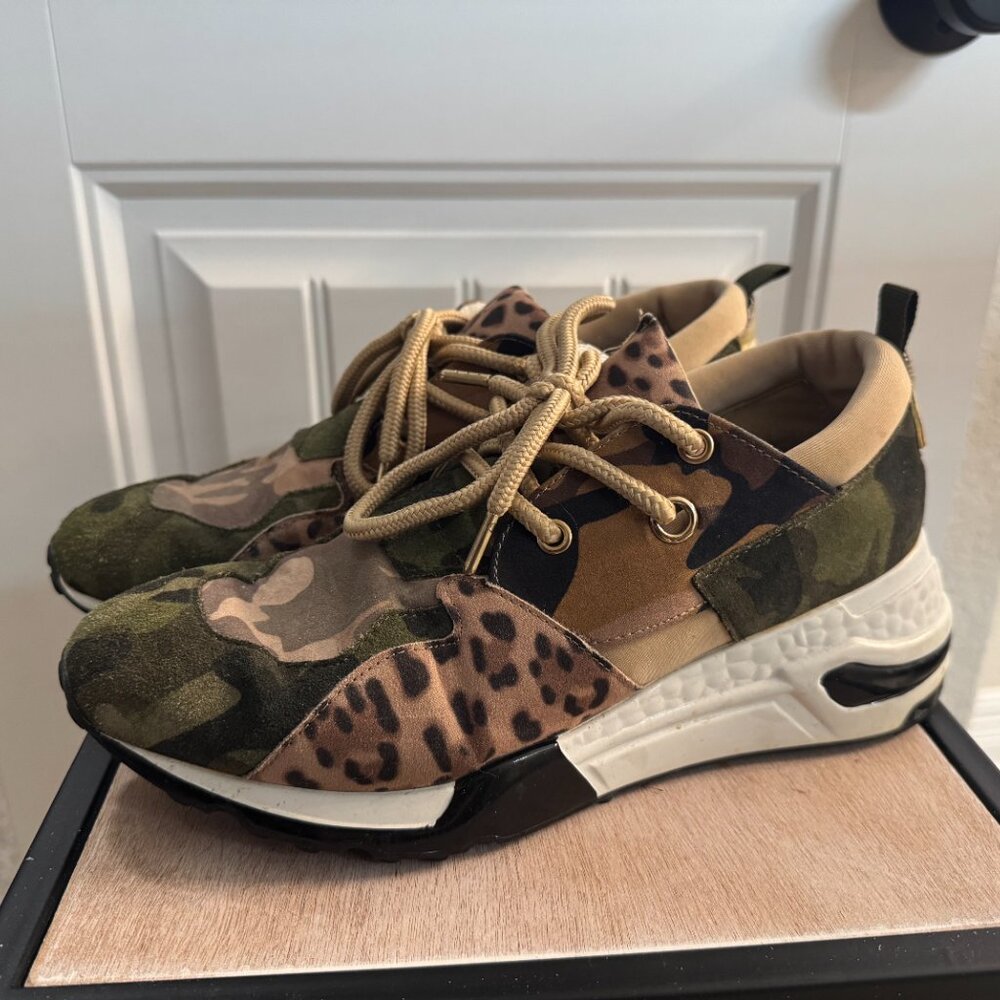 Steve Madden Camo & Leopard Print Mixed-Media Sneakers in Green, Brown, Tan - Picture 2 of 6